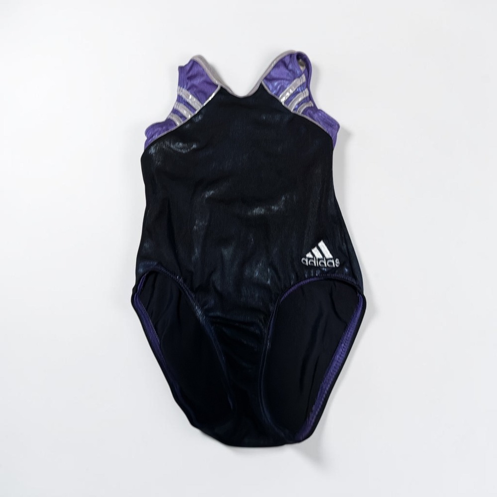 Adidas GK Elite Gymnastics Leotard Kids Black Purple Metallic Shimmer Strappy